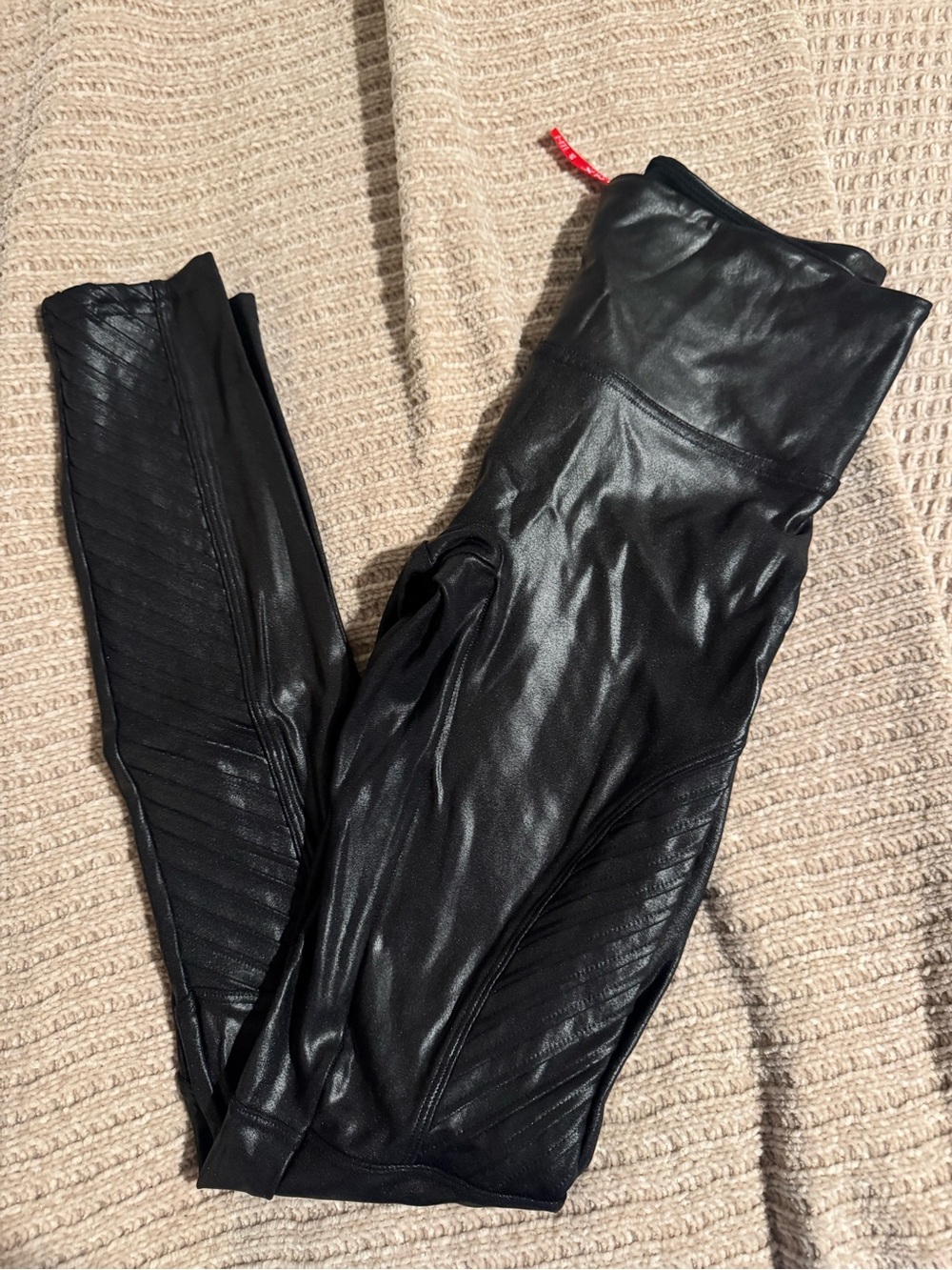 SPANX Black Faux Leather Leggings with Red Logo Tag